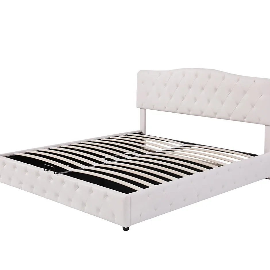 Gutent Lit adulte lit 180x200 cm lit rembourré hydraulique lit sommier à lattes lit de rangement lit double pu blanc Best