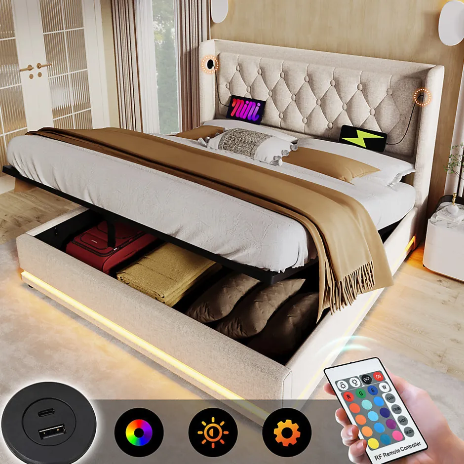 Gutent Lit adulte lit 160x200 cm lit rembourré hydraulique lit de rangement lit double coton beige