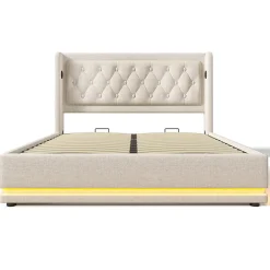 Gutent Lit adulte lit 160x200 cm lit rembourré hydraulique lit de rangement lit double coton beige