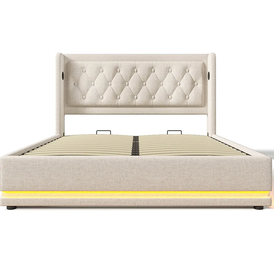 Gutent Lit adulte lit 160x200 cm lit rembourré hydraulique lit de rangement lit double coton beige