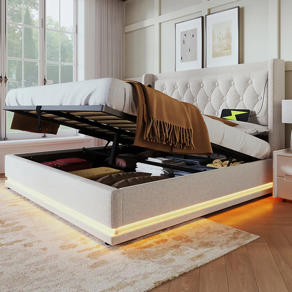 Gutent Lit adulte lit 160x200 cm lit rembourré hydraulique lit de rangement lit double coton beige