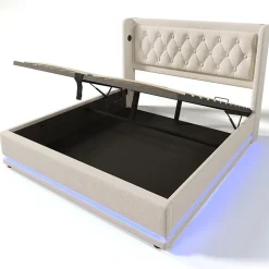 Gutent Lit adulte lit 160x200 cm lit rembourré hydraulique lit de rangement lit double coton beige