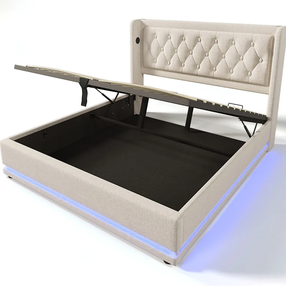 Gutent Lit adulte lit 160x200 cm lit rembourré hydraulique lit de rangement lit double coton beige