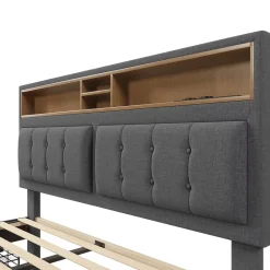 Gutent Lit adulte lit 140x200 cm lit rembourré avec quatre tiroirs avec sommier à lattes en bois lit double lin gris
