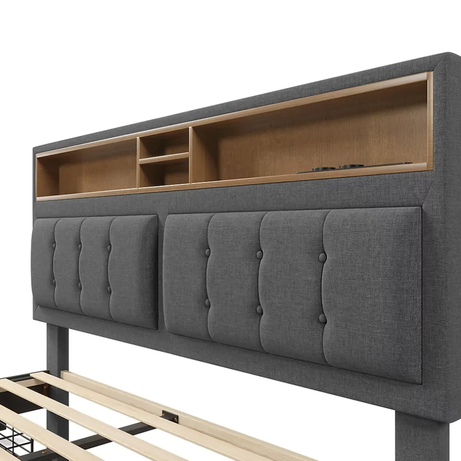 Gutent Lit adulte lit 140x200 cm lit rembourré avec quatre tiroirs avec sommier à lattes en bois lit double lin gris