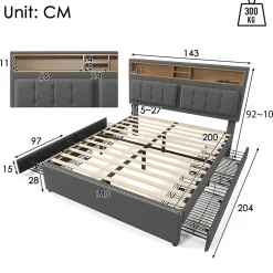 Gutent Lit adulte lit 140x200 cm lit rembourré avec quatre tiroirs avec sommier à lattes en bois lit double lin gris