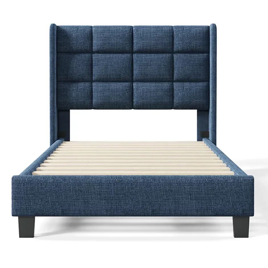 Gutent Lit adulte lit 90x200 cm lit rembourré lit sommier à lattes Single lin bleu Online