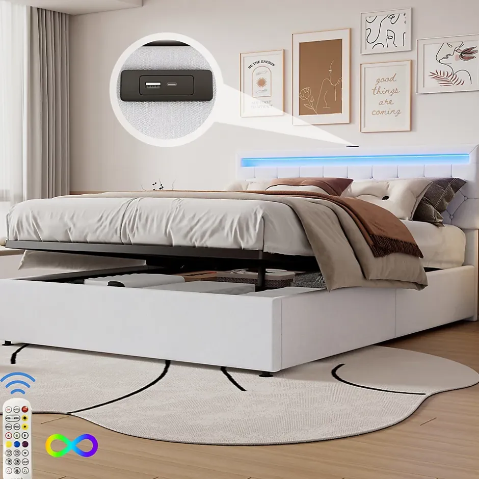 Gutent Lit adulte lit 160x200 cm lit rembourré lit de rangement avec lumière ambiante lit double lin blanc Hot