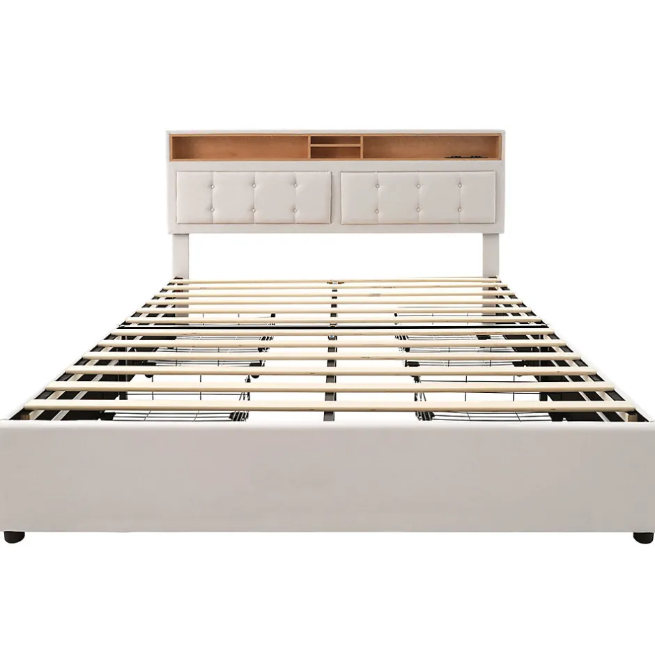 Gutent Lit adulte lit 160x200 cm lit rembourré avec quatre tiroirs avec sommier à lattes en bois lit double lin beige