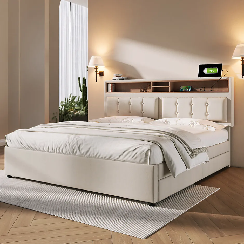 Gutent Lit adulte lit 160x200 cm lit rembourré avec quatre tiroirs avec sommier à lattes en bois lit double lin beige