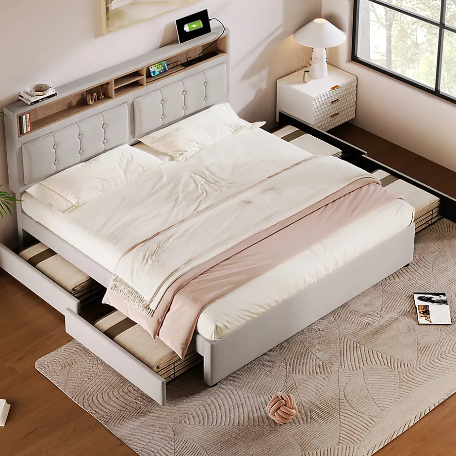 Gutent Lit adulte lit 160x200 cm lit rembourré avec quatre tiroirs avec sommier à lattes en bois lit double lin beige