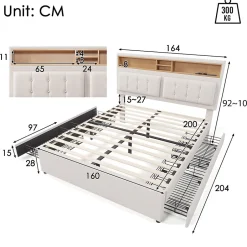 Gutent Lit adulte lit 160x200 cm lit rembourré avec quatre tiroirs avec sommier à lattes en bois lit double lin beige
