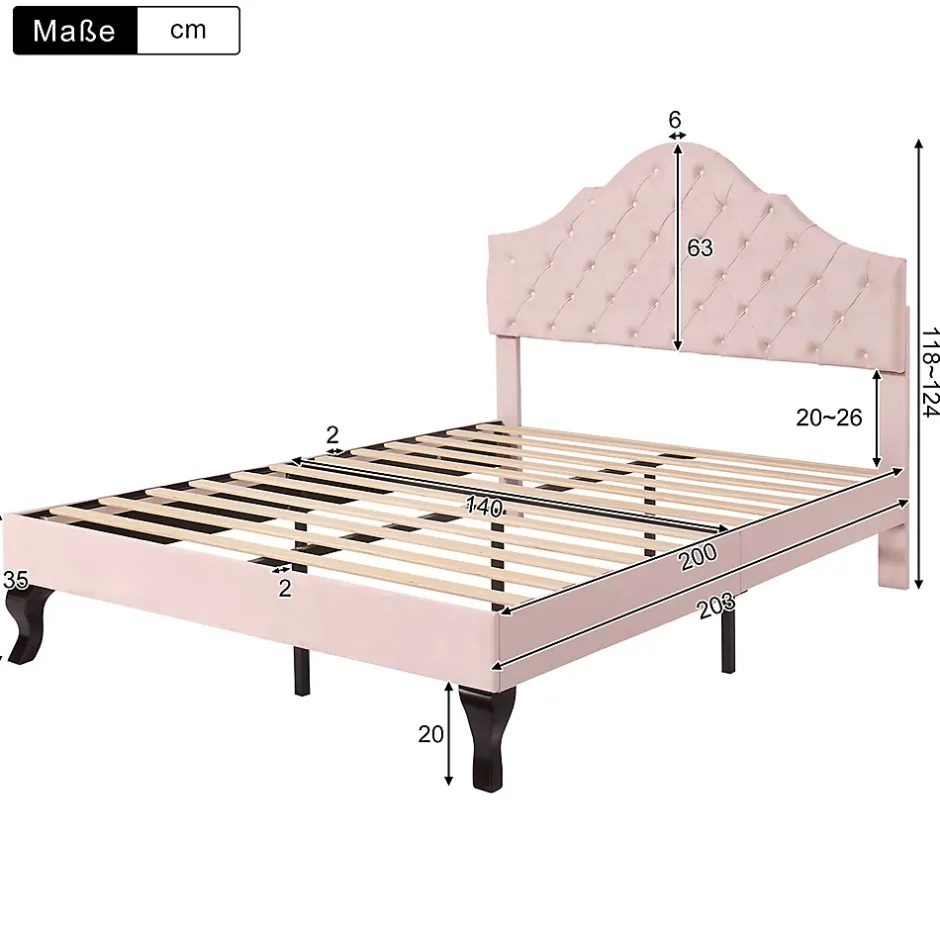Gutent Lit adulte lit 140x200 cm lit rembourré avec sommier à lattes lit double velours rose Hot