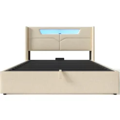 Gutent Lit adulte lit 140x200 cm lit rembourré lit de rangement lit sommier à lattes en bois lit double lin beige