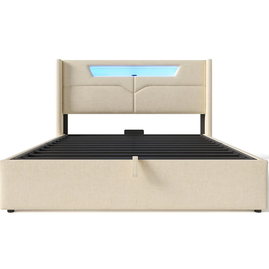 Gutent Lit adulte lit 140x200 cm lit rembourré lit de rangement lit sommier à lattes en bois lit double lin beige