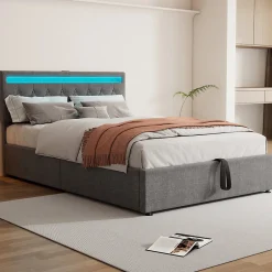 Gutent Lit adulte lit 140x200 cm lit rembourré lit de rangement avec lumière ambiante lit double lin gris