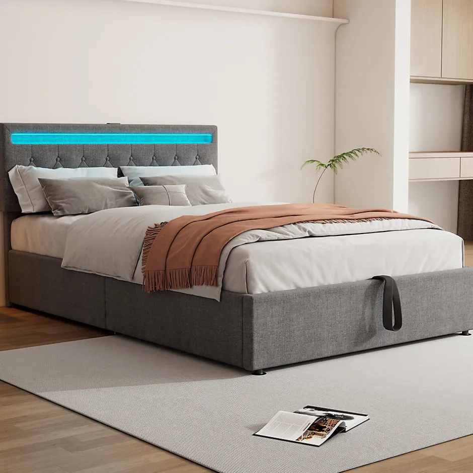 Gutent Lit adulte lit 140x200 cm lit rembourré lit de rangement avec lumière ambiante lit double lin gris