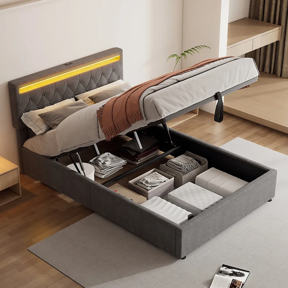 Gutent Lit adulte lit 140x200 cm lit rembourré lit de rangement avec lumière ambiante lit double lin gris