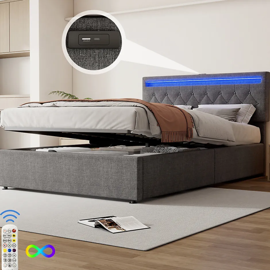 Gutent Lit adulte lit 140x200 cm lit rembourré lit de rangement avec lumière ambiante lit double lin gris