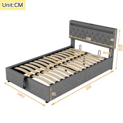 Gutent Lit adulte lit 140x200 cm lit rembourré lit de rangement avec lumière ambiante lit double lin gris