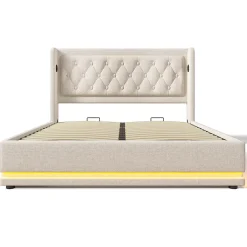 Gutent Lit adulte lit 180x200 cm lit rembourré hydraulique lit de rangement lit double coton beige New
