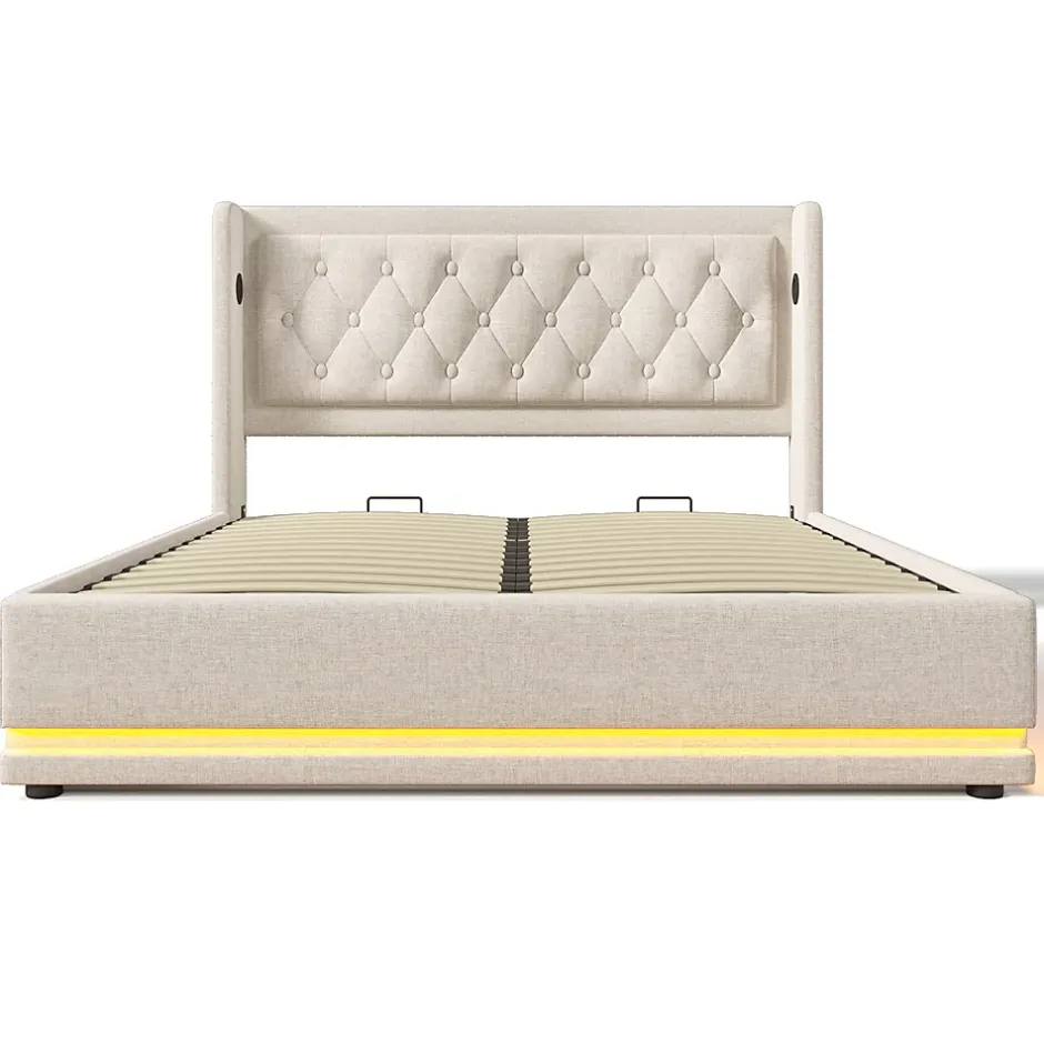 Gutent Lit adulte lit 180x200 cm lit rembourré hydraulique lit de rangement lit double coton beige New