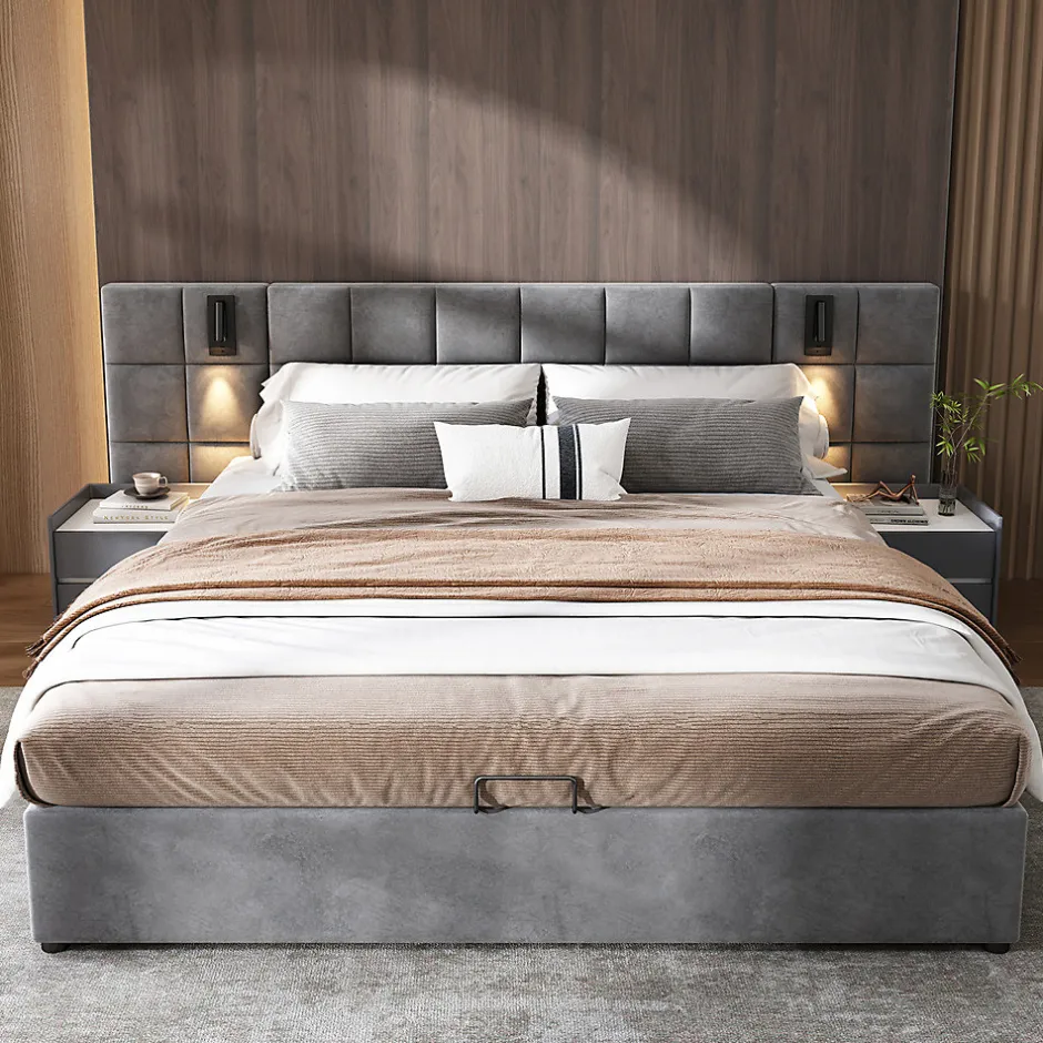 Gutent Lit adulte lit 160x200 cm lit rembourré hydraulique lit de rangement lit double velours gris
