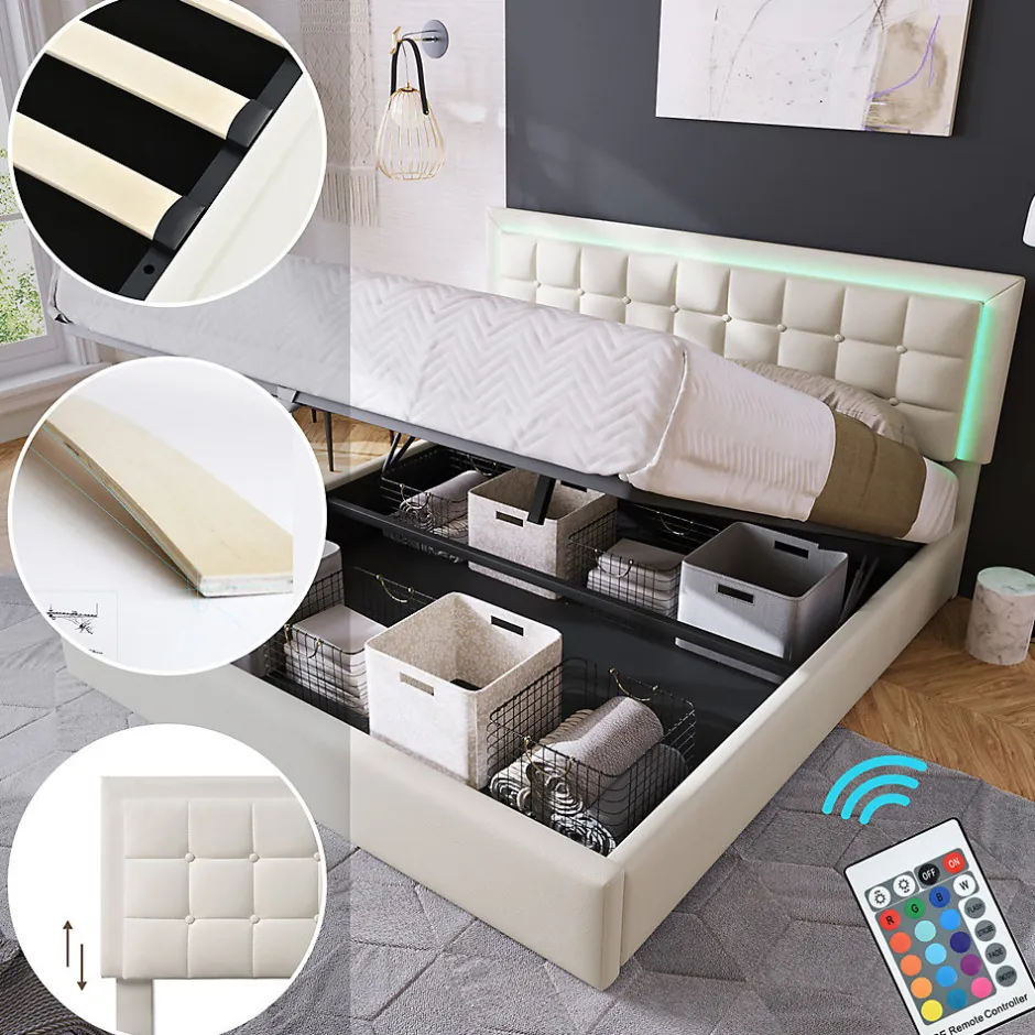 Gutent Lit adulte lit 180x200 cm lit rembourré lit de rangement lit sommier à lattes lit barre d'éclairage led lit double cuir pu blanc