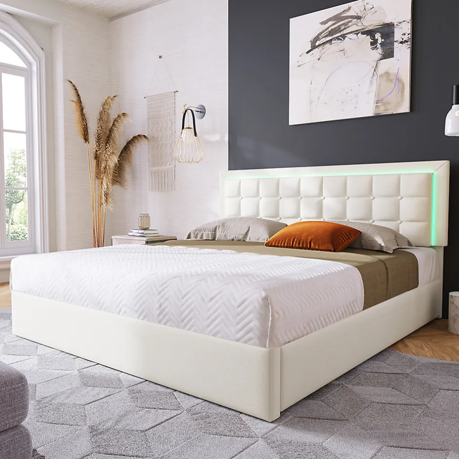 Gutent Lit adulte lit 180x200 cm lit rembourré lit de rangement lit sommier à lattes lit barre d'éclairage led lit double cuir pu blanc