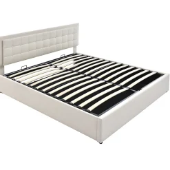 Gutent Lit adulte lit 180x200 cm lit rembourré lit de rangement lit sommier à lattes lit barre d'éclairage led lit double cuir pu blanc