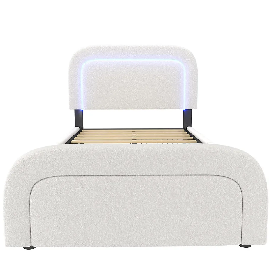 Gutent Lit adulte lit 90x200 cm lit rembourré lit éclairage led lit 2 tiroirs lit sommier à lattes en bois Single sherpa blanc