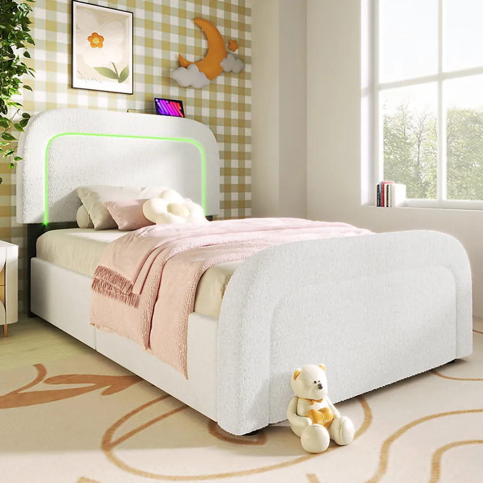 Gutent Lit adulte lit 90x200 cm lit rembourré lit éclairage led lit 2 tiroirs lit sommier à lattes en bois Single sherpa blanc