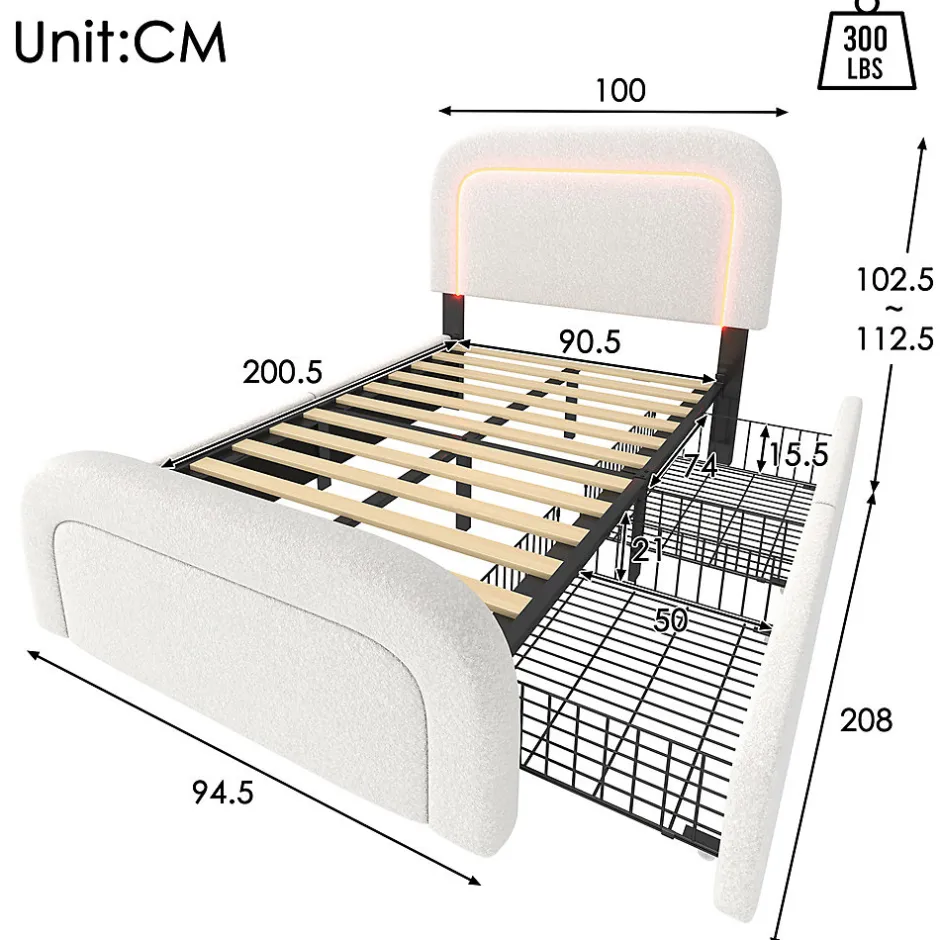 Gutent Lit adulte lit 90x200 cm lit rembourré lit éclairage led lit 2 tiroirs lit sommier à lattes en bois Single sherpa blanc