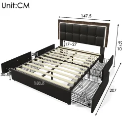 Gutent Lit adulte lit 140x200 cm lit rembourré avec bandeau lumineux led et 4 tiroirs lit double pu noir New