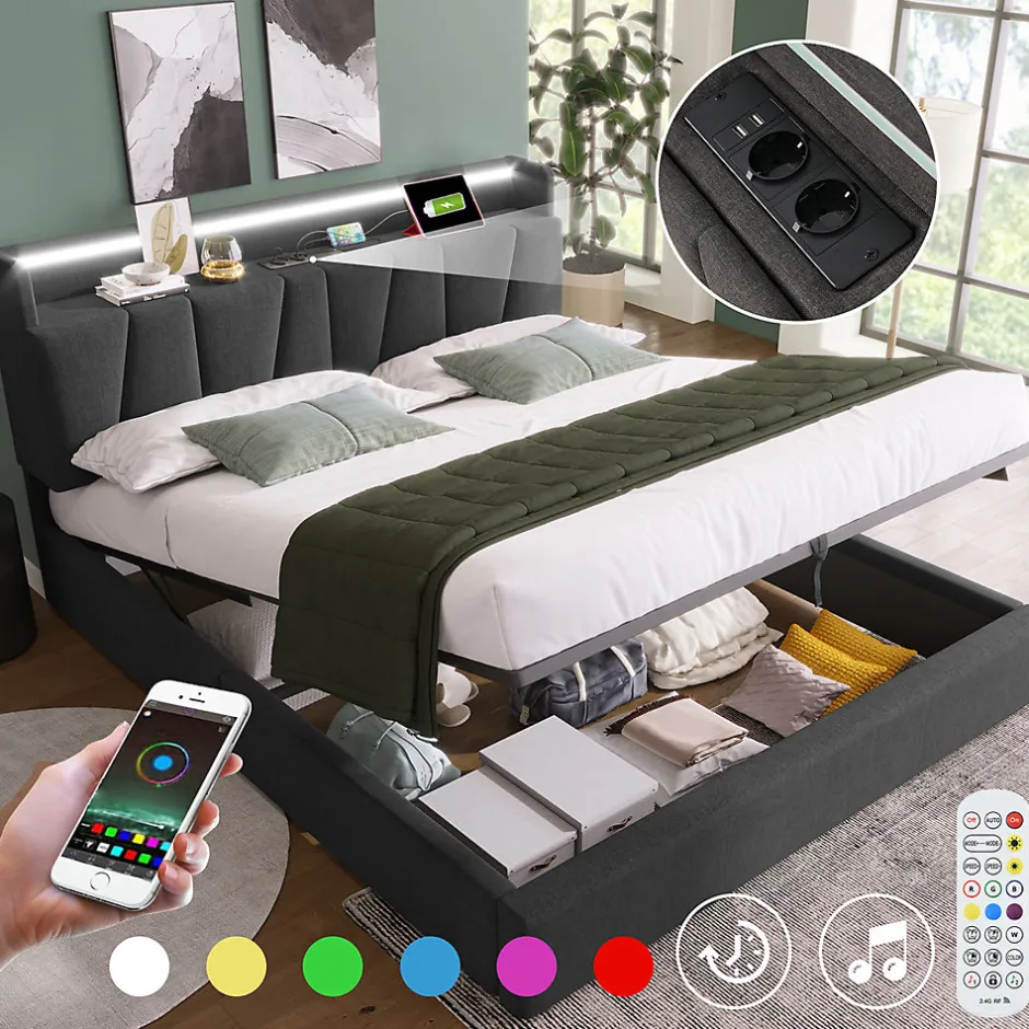 Gutent Lit adulte lit 140x200 cm lit rembourré avec éclairage led lit de rangement lit double lin gris