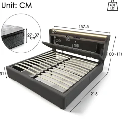 Gutent Lit adulte lit 140x200 cm lit rembourré avec éclairage led lit de rangement lit double lin gris