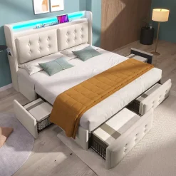 Gutent Lit adulte lit 140x200 cm lit rembourré lit 4 tiroirs lit de rangement avec sommier à lattes en bois lit double coton lin beige New