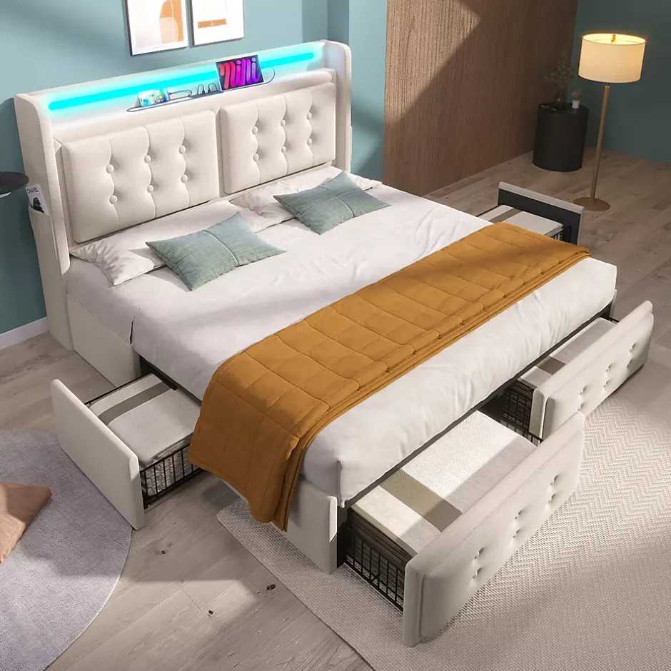 Gutent Lit adulte lit 140x200 cm lit rembourré lit 4 tiroirs lit de rangement avec sommier à lattes en bois lit double coton lin beige New