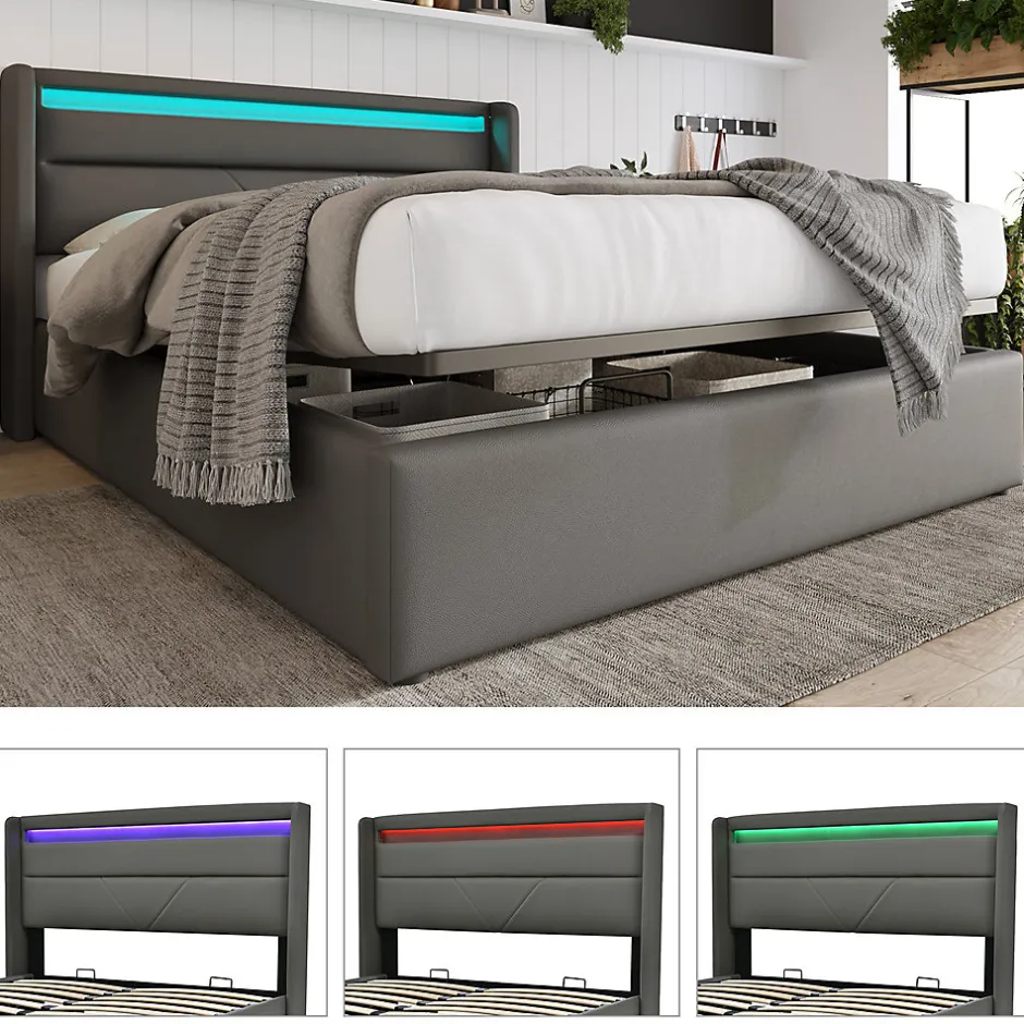 Gutent Lit adulte lit 140x200 cm lit rembourré hydraulique lit de rangement lit barre d'éclairage led lit double pu gris