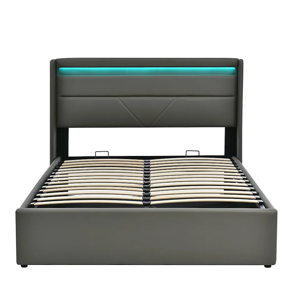 Gutent Lit adulte lit 140x200 cm lit rembourré hydraulique lit de rangement lit barre d'éclairage led lit double pu gris