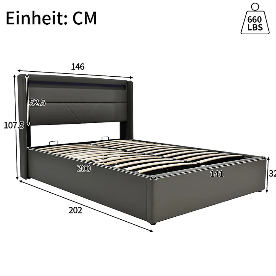 Gutent Lit adulte lit 140x200 cm lit rembourré hydraulique lit de rangement lit barre d'éclairage led lit double pu gris