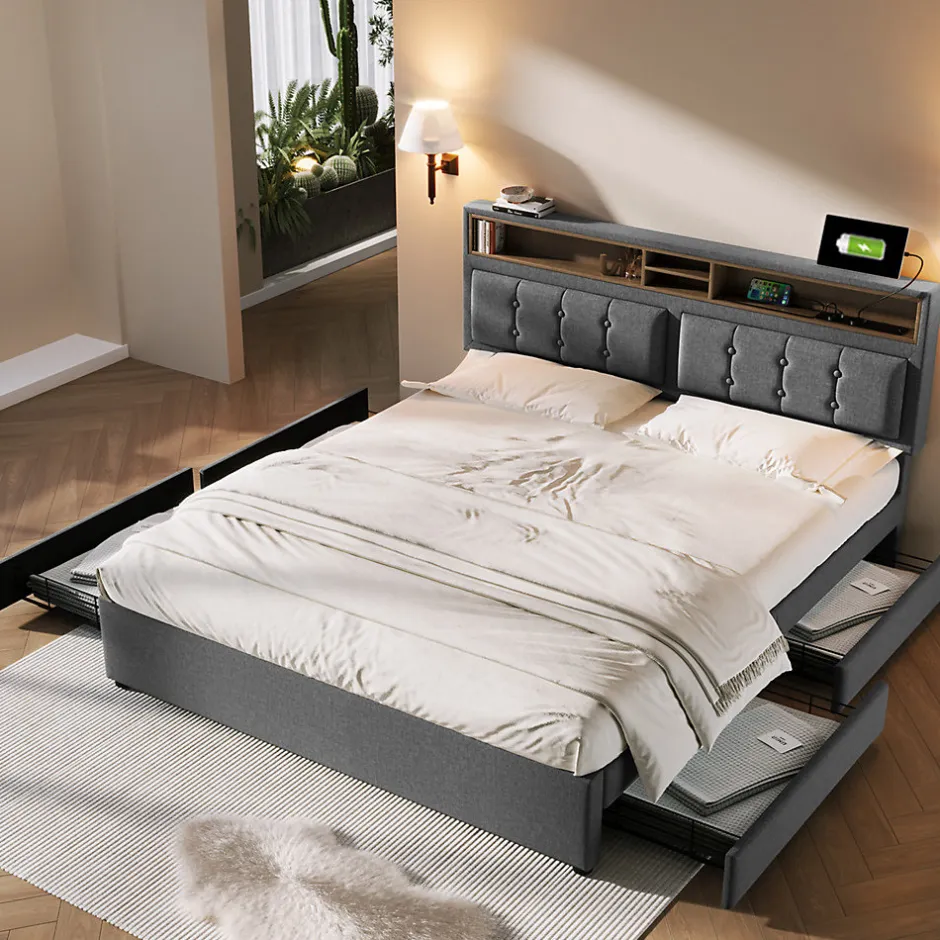 Gutent Lit adulte lit 160x200 cm lit rembourré avec quatre tiroirs avec sommier à lattes en bois lit double lin gris