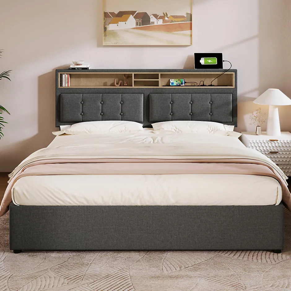 Gutent Lit adulte lit 160x200 cm lit rembourré avec quatre tiroirs avec sommier à lattes en bois lit double lin gris