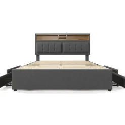 Gutent Lit adulte lit 160x200 cm lit rembourré avec quatre tiroirs avec sommier à lattes en bois lit double lin gris