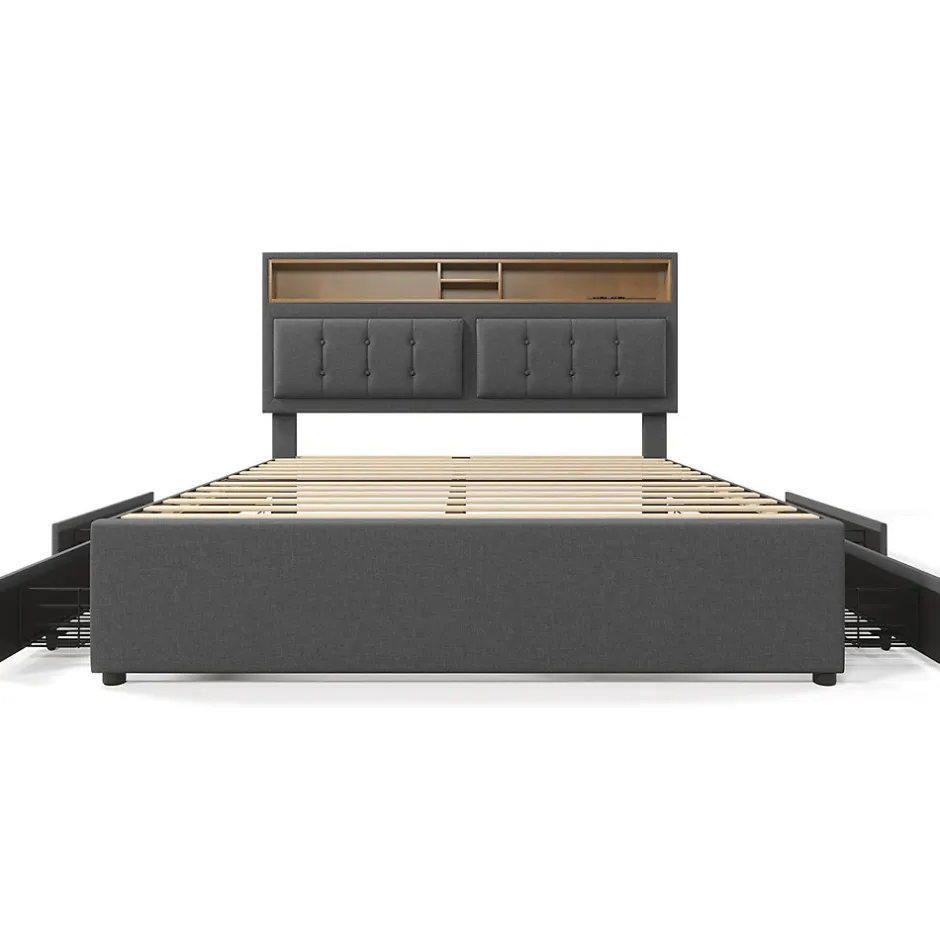 Gutent Lit adulte lit 160x200 cm lit rembourré avec quatre tiroirs avec sommier à lattes en bois lit double lin gris