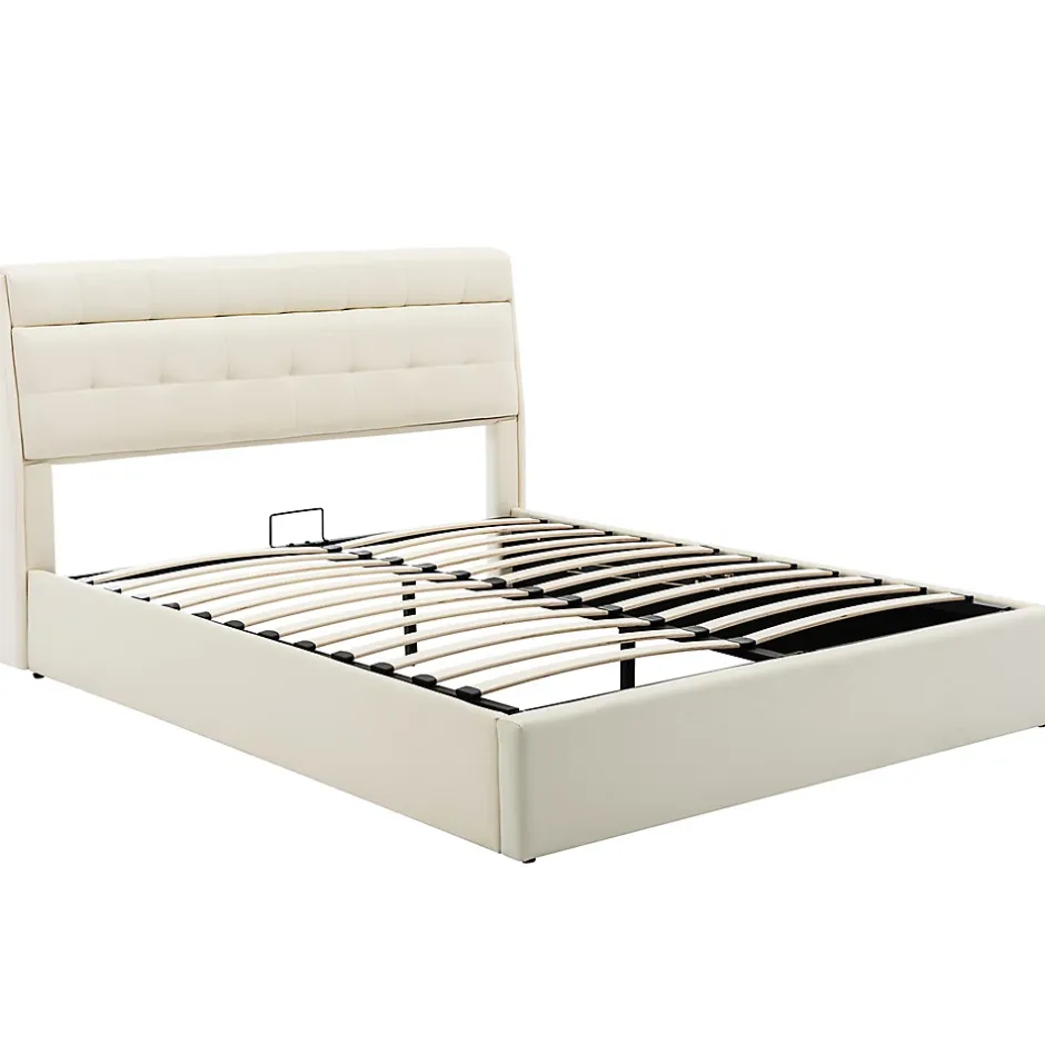 Gutent Lit adulte lit 140x200 cm lit rembourré hydraulique lit double avec sommier à lattes pu blanc crème New