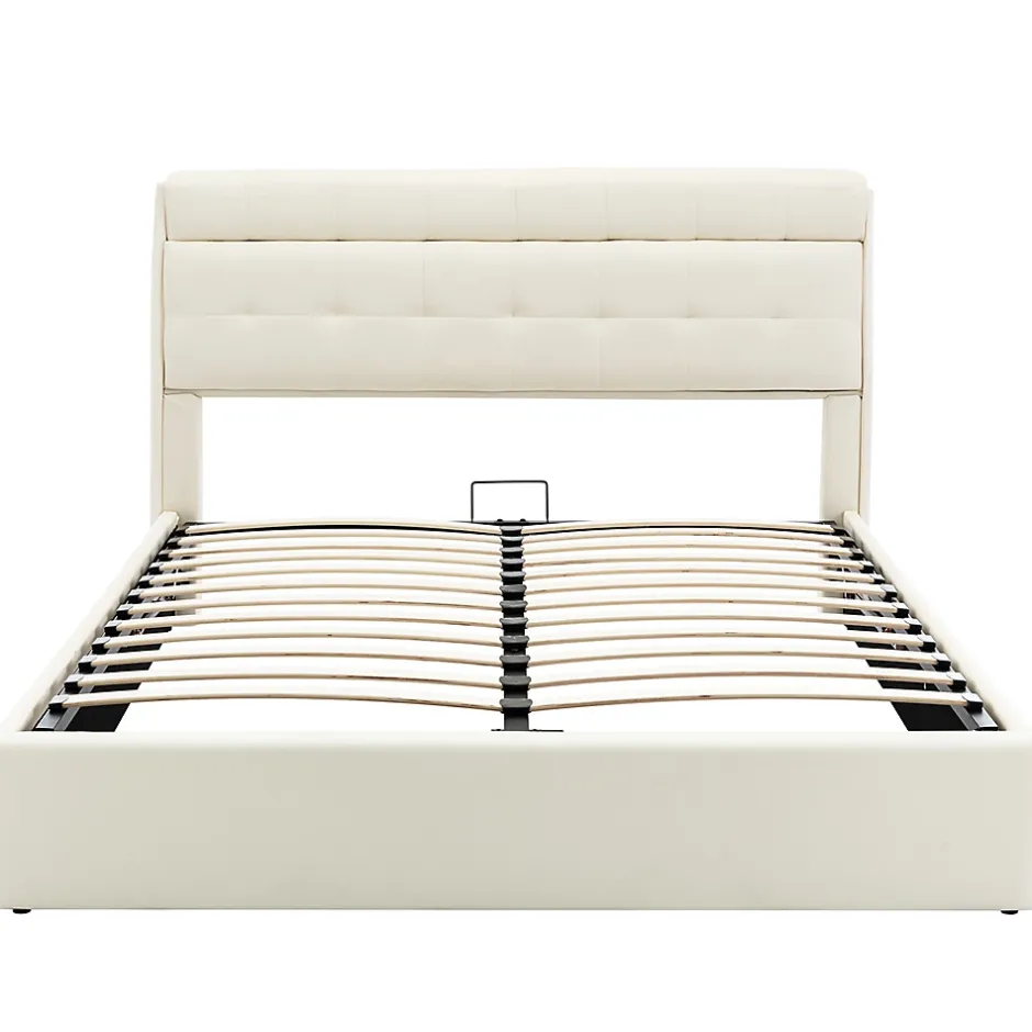 Gutent Lit adulte lit 140x200 cm lit rembourré hydraulique lit double avec sommier à lattes pu blanc crème New