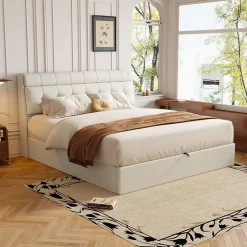 Gutent Lit adulte lit 140x200 cm lit rembourré hydraulique lit double avec sommier à lattes pu blanc crème New