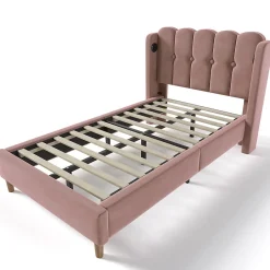 Gutent Lit adulte lit 90x200 cm lit rembourré avec fonction de charge usb type c Single velours rose
