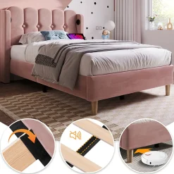 Gutent Lit adulte lit 90x200 cm lit rembourré avec fonction de charge usb type c Single velours rose